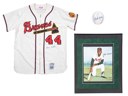 Hank Aaron Signed Collection With Jersey, Fathers Day OML Manfred Baseball & Photo (JSA & PSA/DNA)